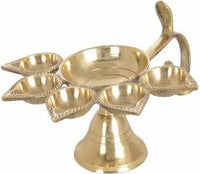 Brass Jyot Diya Stand for Home Decor Pooja Articles, Deepak Aarti Oil Lamp Pancharti Diya Pooja Mandir/Handmade Decorative Camphor Burner/Designer Hindu Puja Five Face Jyot Diya Stand Brass Table Diya