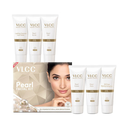 VLCC Natural Pearl Facial Kit - Single Use | Salon Like Facial at Home in Just 6-Steps | Includes Cleanser, Scrub, Cream, Face Pack & Oil Free Gels | 2.12 Oz/60g