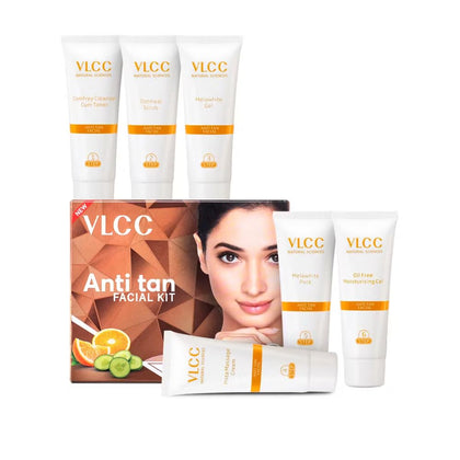 VLCC Natural Anti Tan Facial Kit - Single Use | Salon Like Facial at Home in Just 6-Steps | Includes Cleanser, Scrub, Cream, Face Pack & Moisturizing Gels | 2.12 Oz/60g