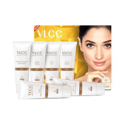 VLCC Gold Facial Kit - Single Use | Salon Like Facial at Home in Just 6-Steps | Includes Cleanser, Scrub, Cream, Face Pack & Moisturizing Gels | 2.12 Oz/60g