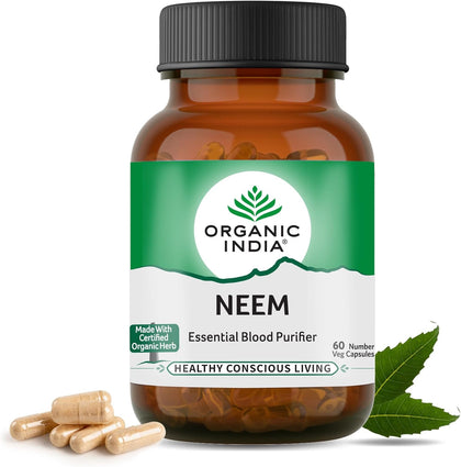 ORGANIC INDIA Neem Leaf Capsules, Herbal Supplement - Supports Skin, Immune, & Liver Health, Detox, Vegan, Gluten-Free, USDA Certified Organic - 90 Capsules