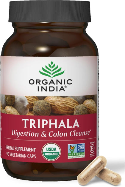 ORGANIC INDIA Triphala Capsules Organic - Herbal Supplement with Amla, Bibhitaki, Haritaki, Digestion & Colon Support, Immune System Support, Adaptogen, Vegan, USDA Certified Organic - 90 Capsules