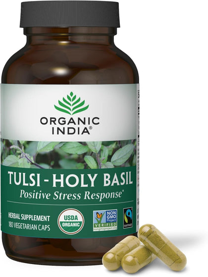 Organic India Tulsi Holy Basil Capsules - Holy Basil Extract - Holy Basil Leaf Supplement, Herbal Supplement, Immune Support, Stress Relief, Vegan, Gluten-Free, Kosher, Organic, Non-GMO - 180 Capsules