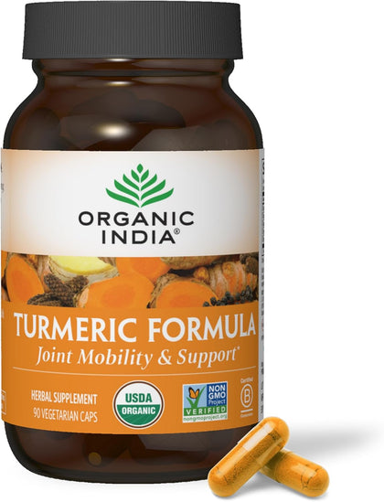 ORGANIC INDIA Turmeric Curcumin with Black Pepper - Organic Turmeric Supplement and Curcumin Supplement, Turmeric Capsules, Joint Support & Immune System Support, Whole Root, Trikatu - 90 Capsules