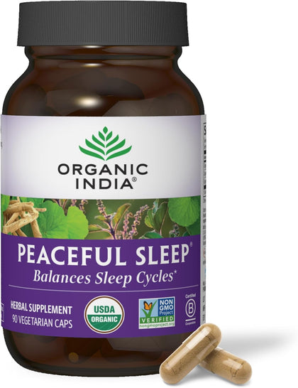 ORGANIC INDIA Peaceful Sleep Herbal Supplement - Deep Sleep Aid, Herbal Sleep Aid for Adults, Natural Sleep Aid Without Melatonin, Supports Sleep Cycles, USDA Certified Organic, Non-GMO - 90 Capsules